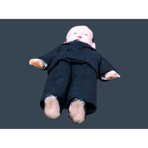 Vintage Celluloid Dolls Bride Groom Red Velvet Dress Rhinestones Cake Toppers - Picture 9 of 12